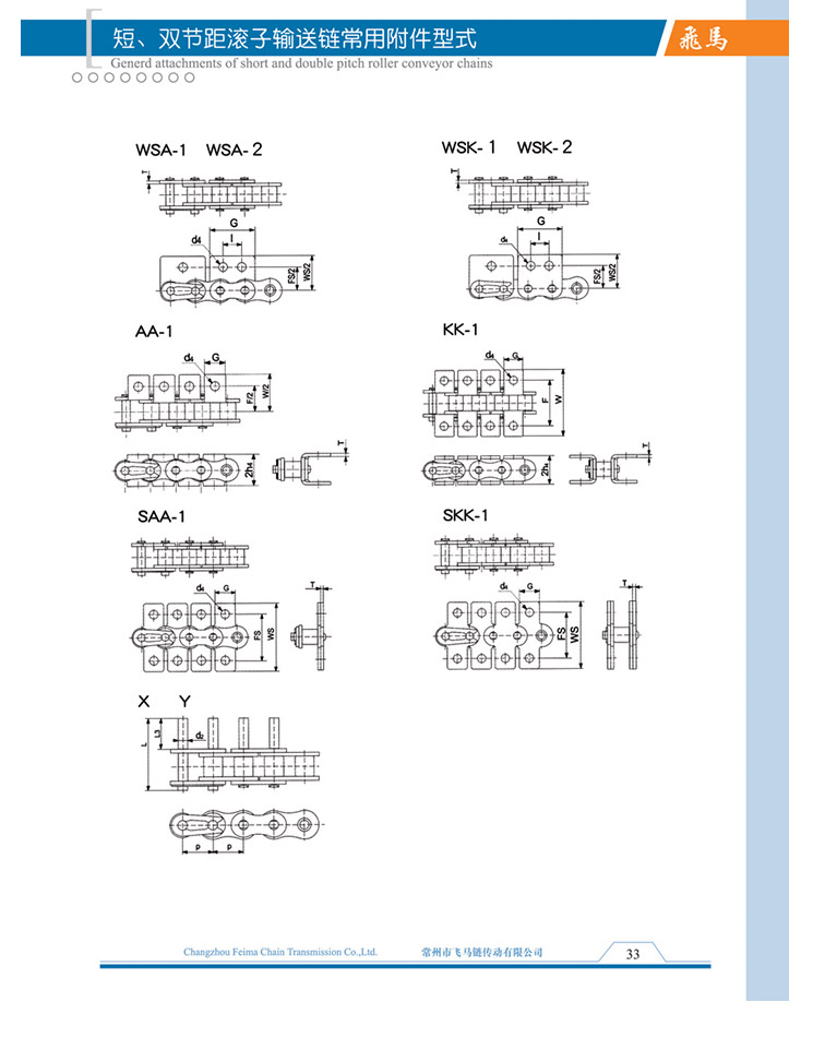 短、双节距滚子链常用附件型式